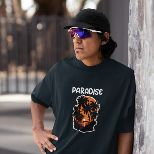 Paradise Sunset Palm Trees Graphic Unisex Tee | Oversized 100% Cotton Classic T-Shirt in Navy Blue
