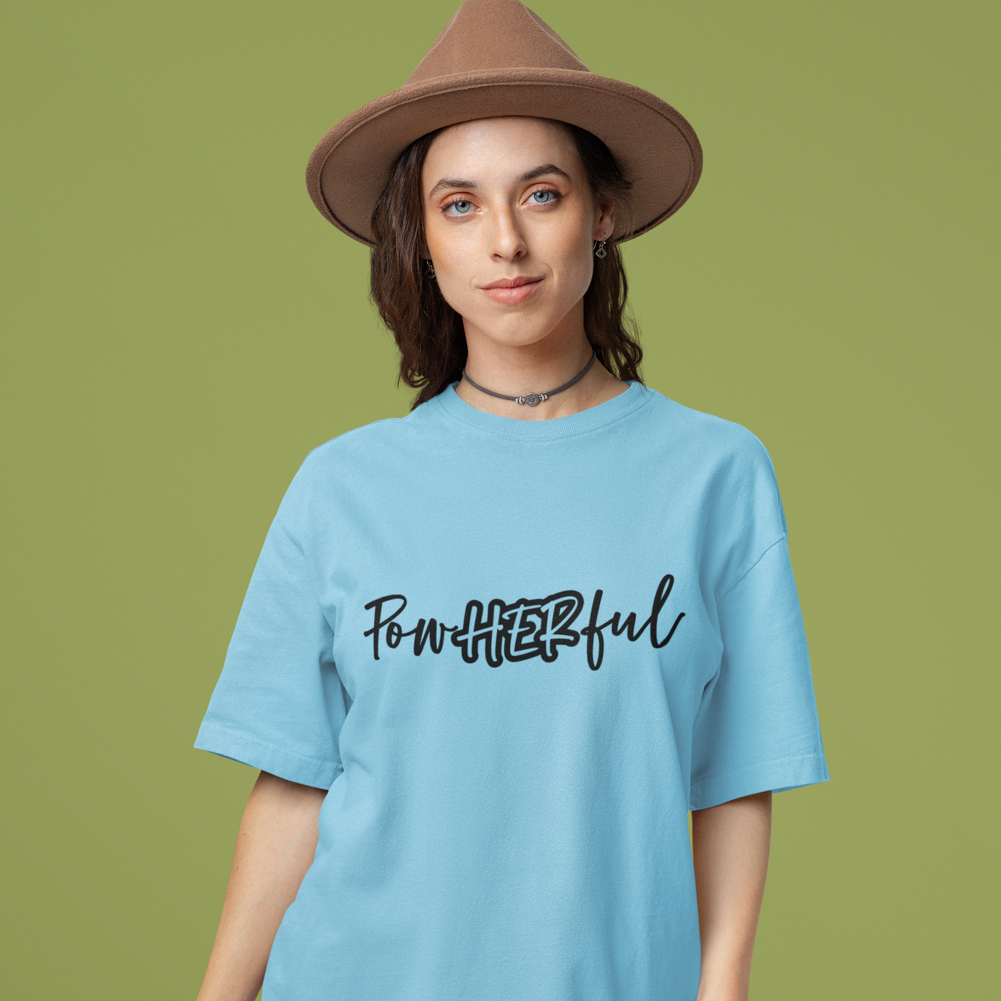 PowHERful Women’s Empowerment Graphic Unisex Tee | Oversized 100% Cotton Unisex T-Shirt in Baby Blue