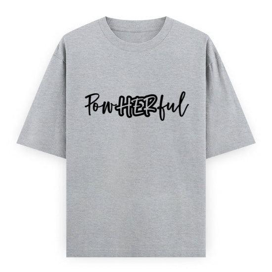 PowHERful Women’s Empowerment Graphic Unisex Tee | Oversized 100% Cotton Unisex T-Shirt in Grey Melange