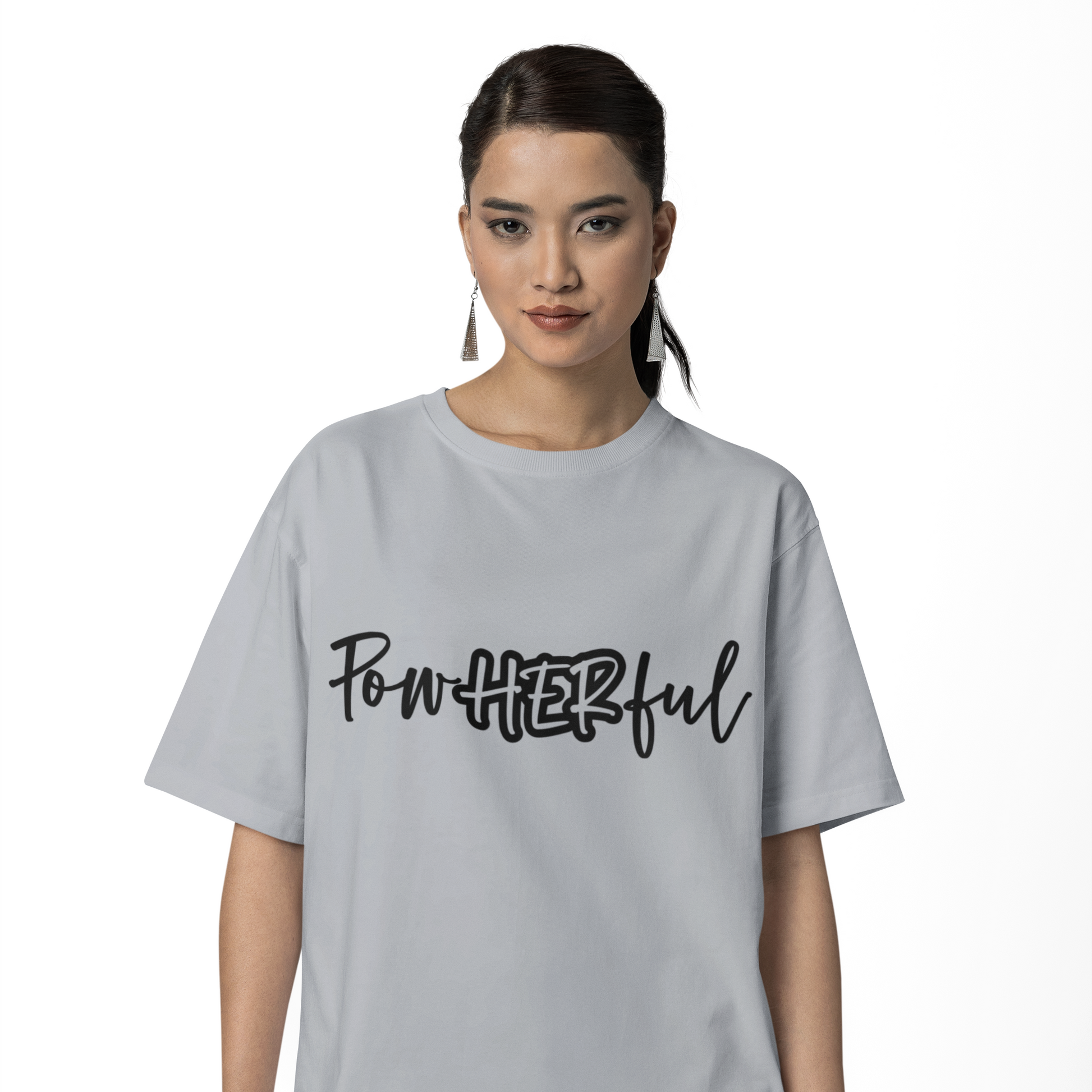 PowHERful Women’s Empowerment Graphic Unisex Tee | Oversized 100% Cotton Unisex T-Shirt in Grey Melange