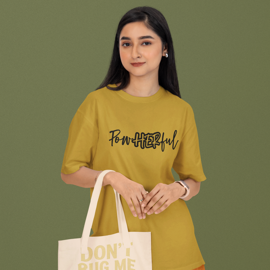 PowHERful Women’s Empowerment Graphic Unisex Tee | Oversized 100% Cotton Unisex T-Shirt in Mustard Yellow