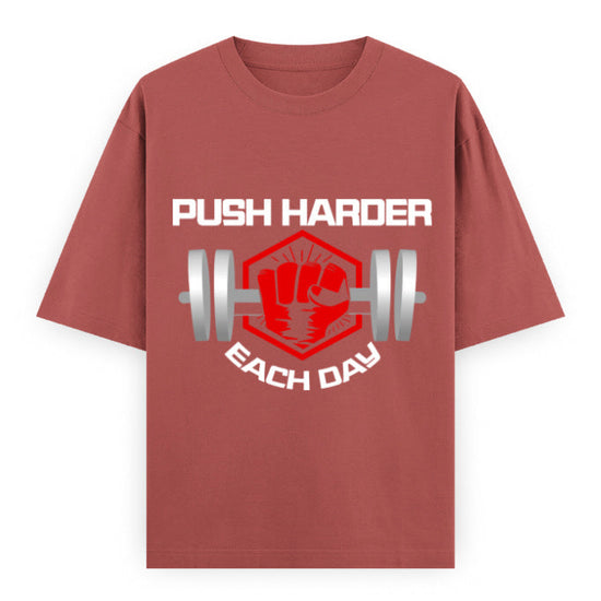 Push Harder Each Day Gym Graphic Unisex T-Shirt – Red Fist and Barbell Design in Coral