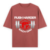 Push Harder Each Day Gym Graphic Unisex T-Shirt – Red Fist and Barbell Design in Coral