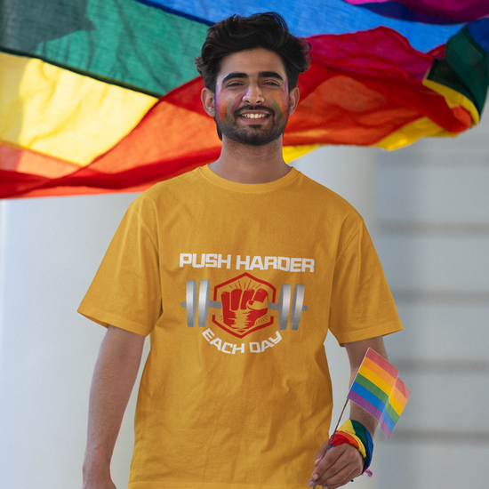 Push Harder Each Day Gym Graphic Unisex T-Shirt – Red Fist and Barbell Design in Golden Yellow