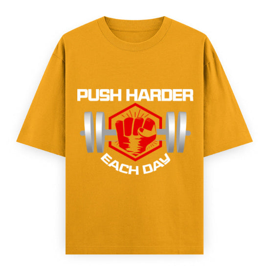 Push Harder Each Day Gym Graphic Unisex T-Shirt – Red Fist and Barbell Design in Golden Yellow