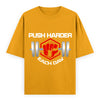 Push Harder Each Day Gym Graphic Unisex T-Shirt – Red Fist and Barbell Design in Golden Yellow