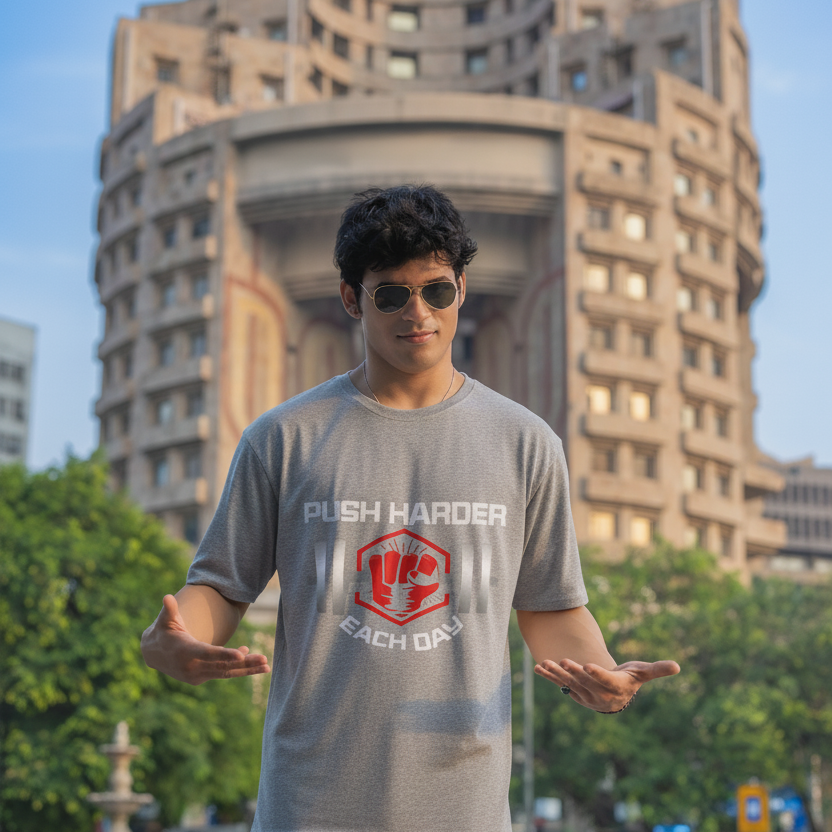 Push Harder Each Day Gym Graphic Unisex T-Shirt – Red Fist and Barbell Design in Grey Melange