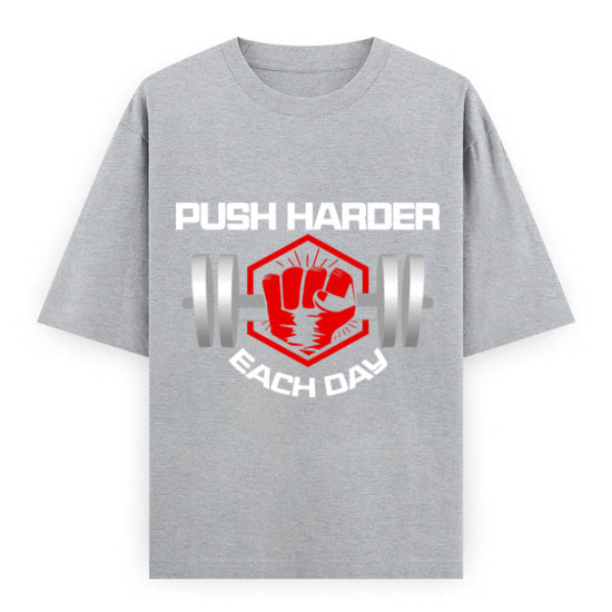 Push Harder Each Day Gym Graphic Unisex T-Shirt – Red Fist and Barbell Design in Grey Melange