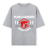 Push Harder Each Day Gym Graphic Unisex T-Shirt – Red Fist and Barbell Design in Grey Melange