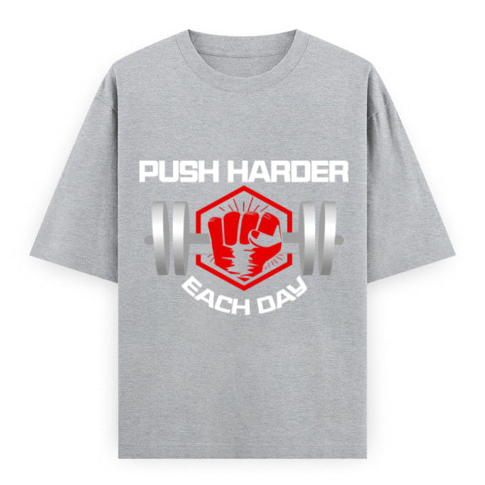 Push Harder Each Day Gym Graphic Unisex T-Shirt – Red Fist and Barbell Design in Grey Melange