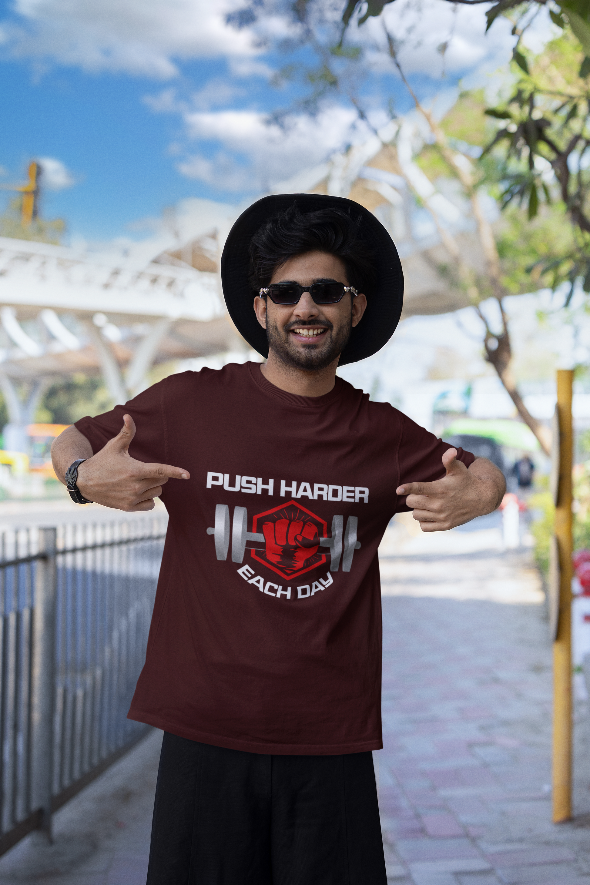 Push Harder Each Day Gym Graphic Unisex T-Shirt – Red Fist and Barbell Design in Maroon