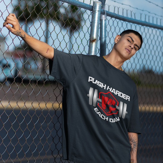 Push Harder Each Day Gym Graphic Unisex T-Shirt – Red Fist and Barbell Design in Navy Blue
