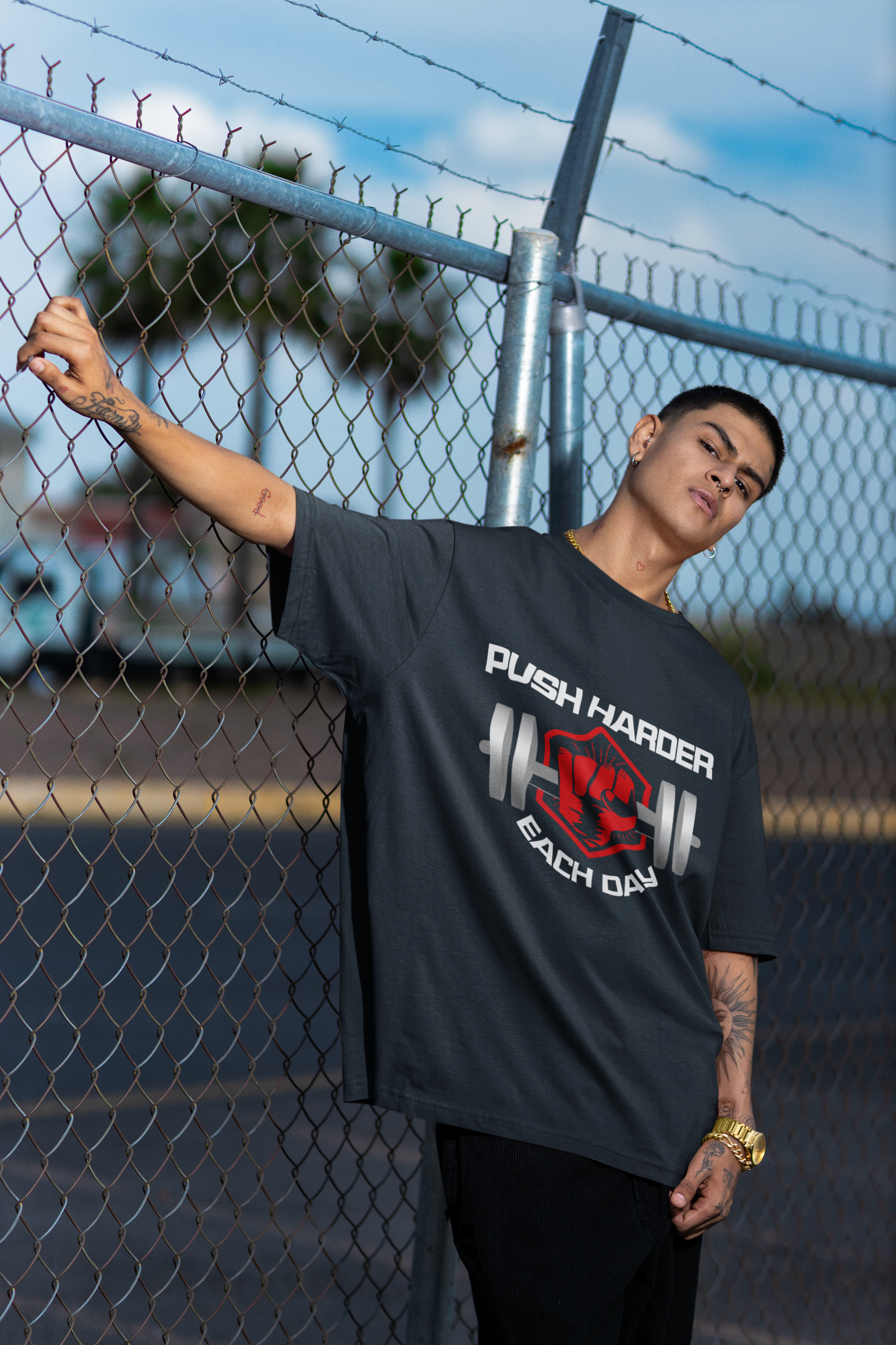 Push Harder Each Day Gym Graphic Unisex T-Shirt – Red Fist and Barbell Design in Navy Blue