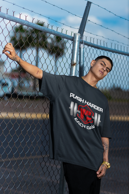 Push Harder Each Day Gym Graphic Unisex T-Shirt – Red Fist and Barbell Design in Navy Blue