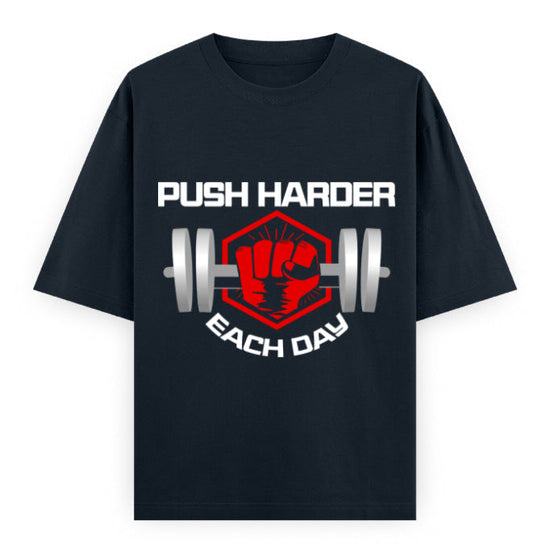 Push Harder Each Day Gym Graphic Unisex T-Shirt – Red Fist and Barbell Design in Navy Blue