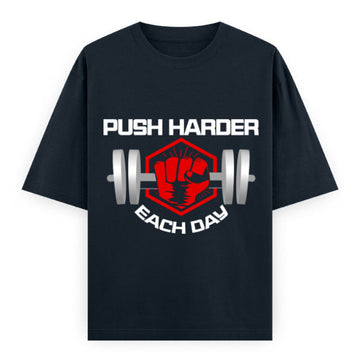 Push Harder Each Day Gym Graphic Unisex T-Shirt – Red Fist and Barbell Design in Navy Blue