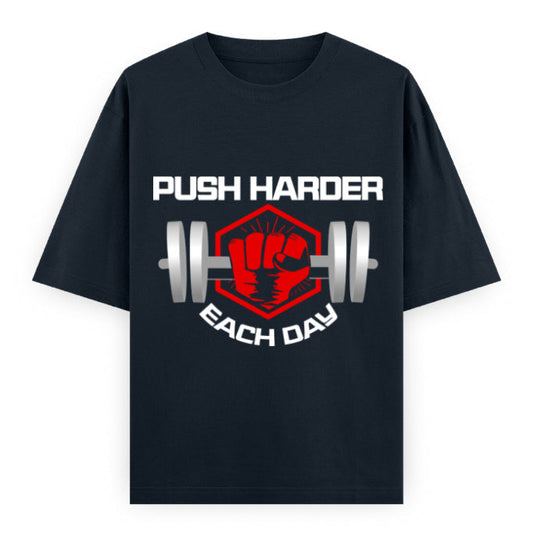 Push Harder Each Day Gym Graphic Unisex T-Shirt – Red Fist and Barbell Design in Navy Blue