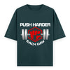 Push Harder Each Day Gym Graphic Unisex T-Shirt – Red Fist and Barbell Design in Petrol Blue