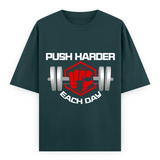 Push Harder Each Day Gym Graphic Unisex T-Shirt – Red Fist and Barbell Design in Petrol Blue