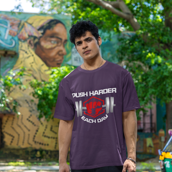 Push Harder Each Day Gym Graphic Unisex T-Shirt – Red Fist and Barbell Design in  Purple