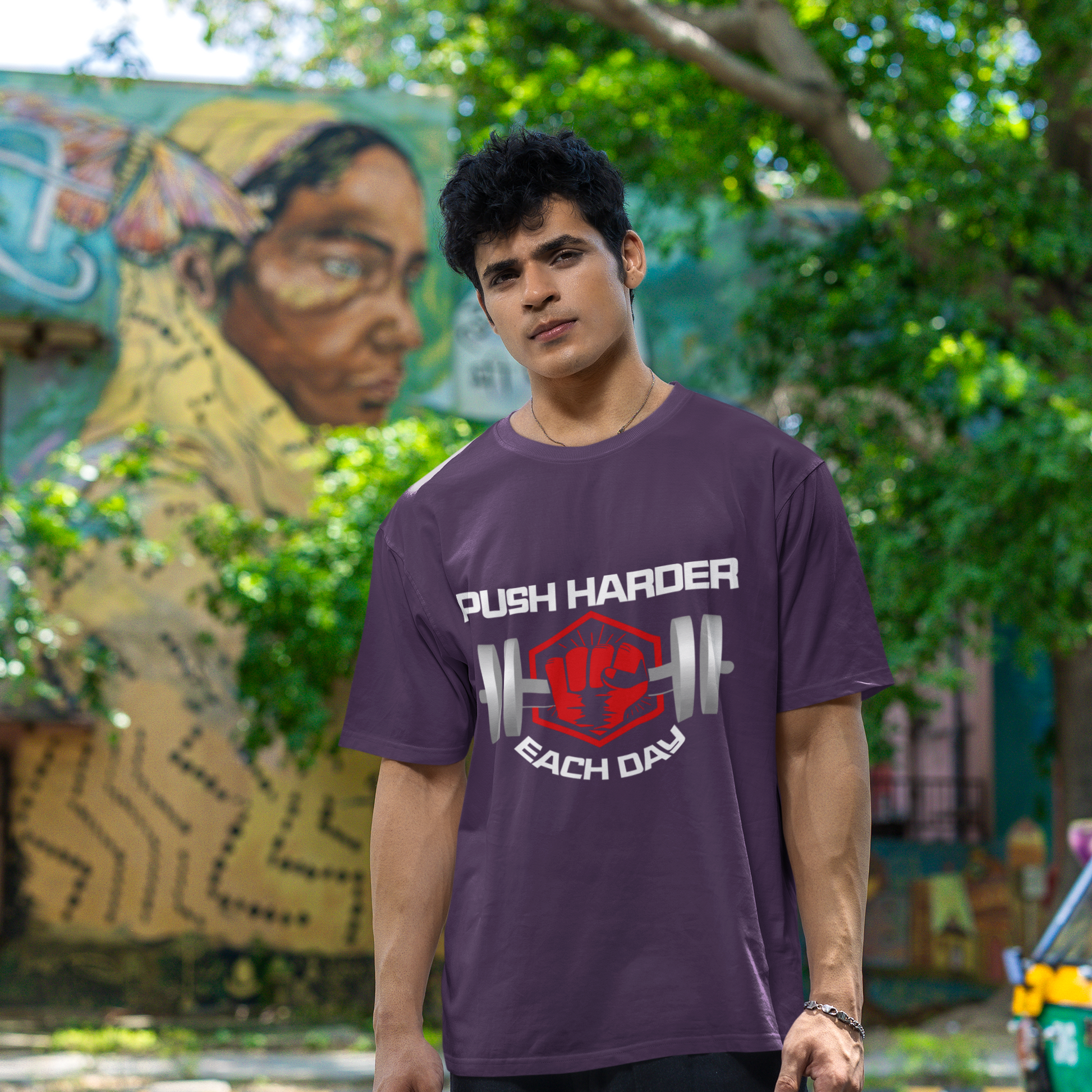 Push Harder Each Day Gym Graphic Unisex T-Shirt – Red Fist and Barbell Design in  Purple