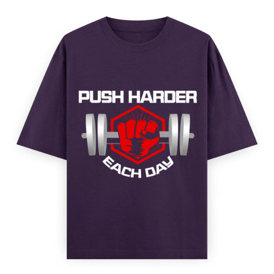 Push Harder Each Day Gym Graphic Unisex T-Shirt – Red Fist and Barbell Design in Purple