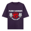 Push Harder Each Day Gym Graphic Unisex T-Shirt – Red Fist and Barbell Design in Purple