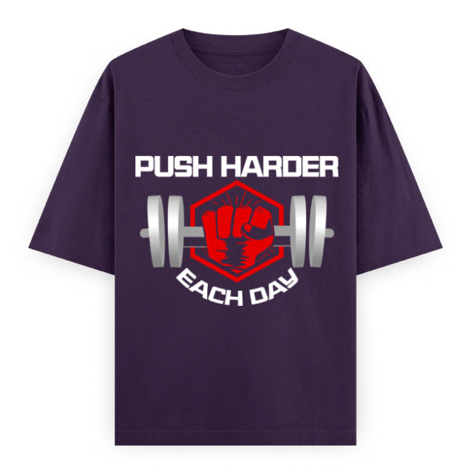 Push Harder Each Day Gym Graphic Unisex T-Shirt – Red Fist and Barbell Design in Purple