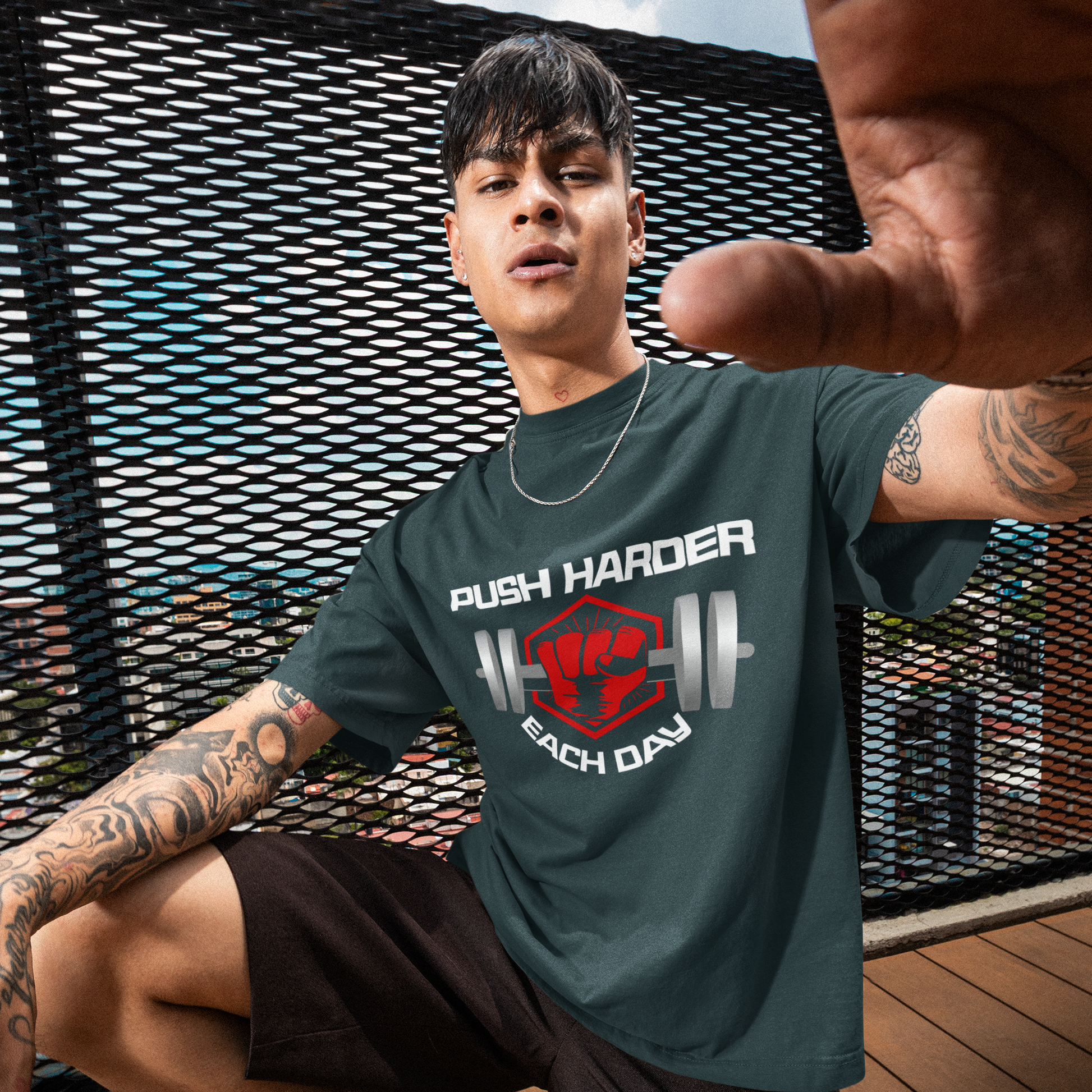 Push Harder Each Day Gym Graphic Unisex T-Shirt – Red Fist and Barbell Design in Petrol Blue