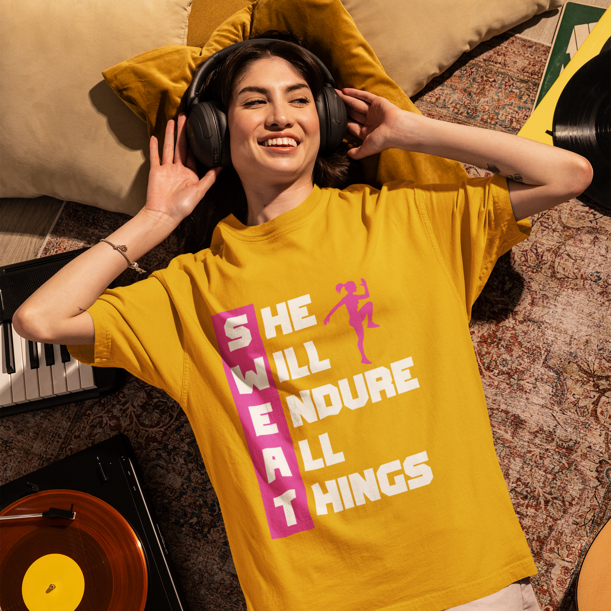 SWEAT She Will Endure All Things Graphic Unisex T-Shirt – Oversized 100% Cotton Classic Tee in Golden Yellow