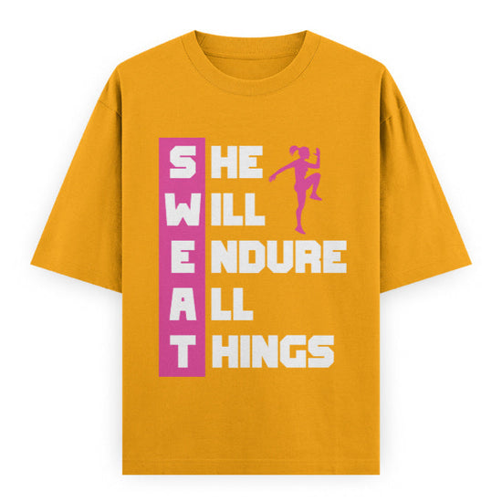 SWEAT She Will Endure All Things Graphic Unisex T-Shirt – Oversized 100% Cotton Classic Tee in Golden Yellow