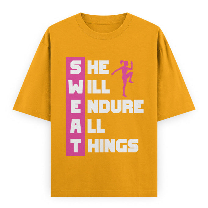SWEAT She Will Endure All Things Graphic Unisex T-Shirt – Oversized 100% Cotton Classic Tee in Golden Yellow