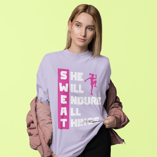 SWEAT She Will Endure All Things Graphic Unisex T-Shirt – Oversized 100% Cotton Classic Tee in Lavender