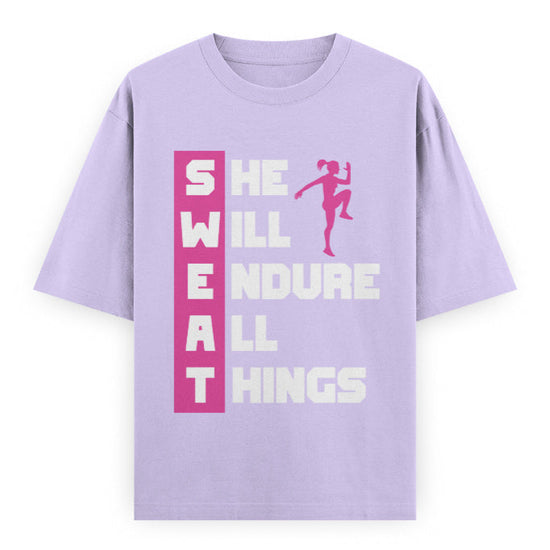 SWEAT She Will Endure All Things Graphic Unisex T-Shirt – Oversized 100% Cotton Classic Tee in Lavender