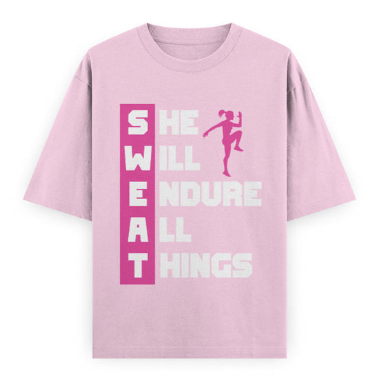SWEAT She Will Endure All Things Graphic Unisex T-Shirt – Oversized 100% Cotton Classic Tee in Light Baby Pink