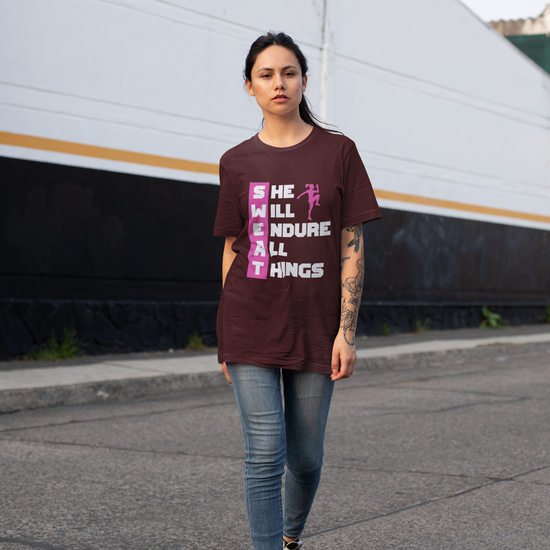 SWEAT She Will Endure All Things Graphic Unisex T-Shirt – Oversized 100% Cotton Classic Tee in Maroon