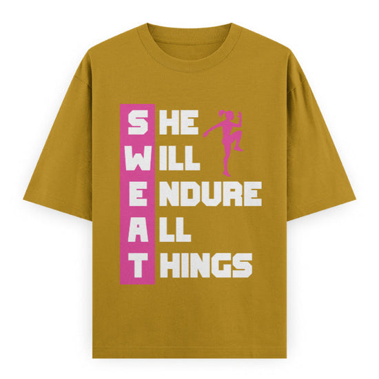 SWEAT She Will Endure All Things Graphic Unisex T-Shirt – Oversized 100% Cotton Classic Tee in Mustard Yellow