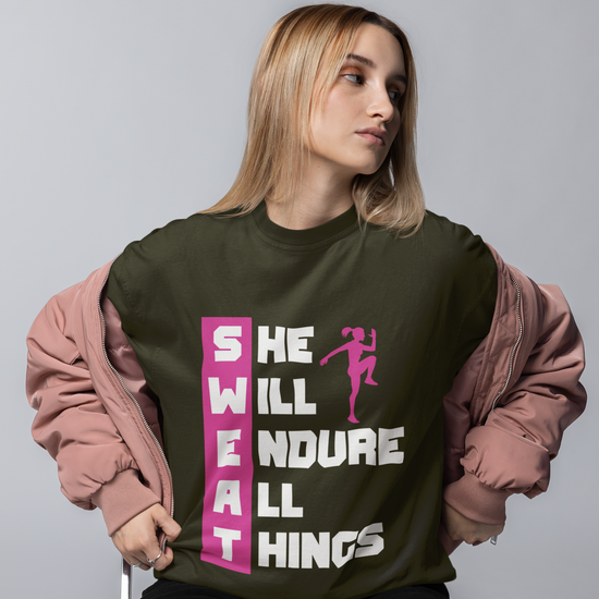 SWEAT She Will Endure All Things Graphic Unisex T-Shirt – Oversized 100% Cotton Classic Tee in Olive Green