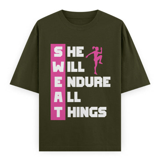 SWEAT She Will Endure All Things Graphic Unisex T-Shirt – Oversized 100% Cotton Classic Tee in Olive Green