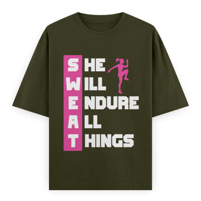 SWEAT She Will Endure All Things Graphic Unisex T-Shirt – Oversized 100% Cotton Classic Tee in Olive Green