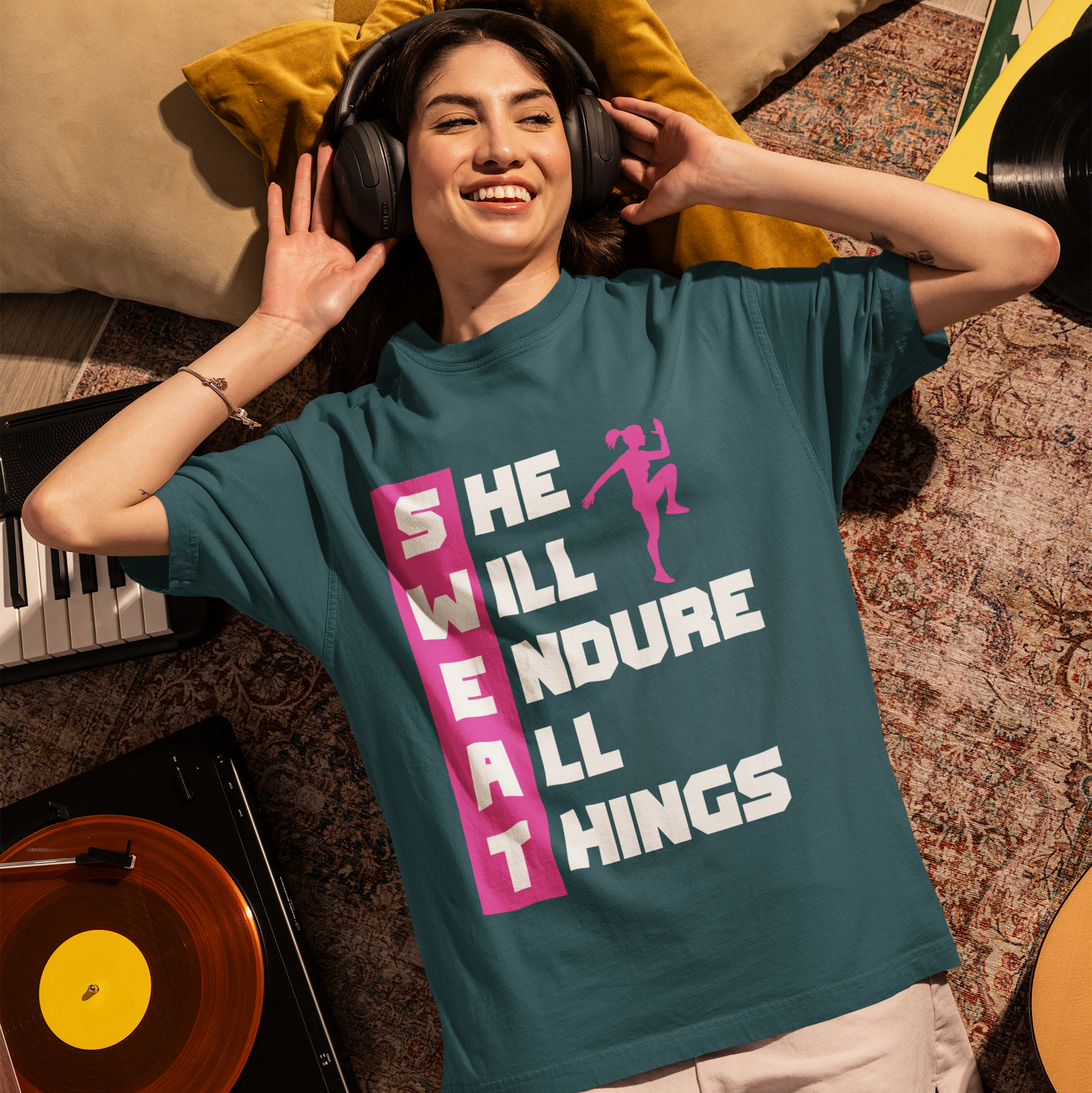 SWEAT She Will Endure All Things Graphic Unisex T-Shirt – Oversized 100% Cotton Classic Tee in Petrol Blue