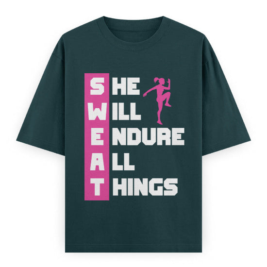 SWEAT She Will Endure All Things Graphic Unisex T-Shirt – Oversized 100% Cotton Classic Tee in Petrol Blue
