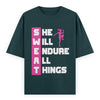 SWEAT She Will Endure All Things Graphic Unisex T-Shirt – Oversized 100% Cotton Classic Tee in Petrol Blue