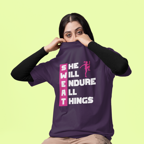 SWEAT She Will Endure All Things Graphic Unisex T-Shirt – Oversized 100% Cotton Classic Tee in Purple