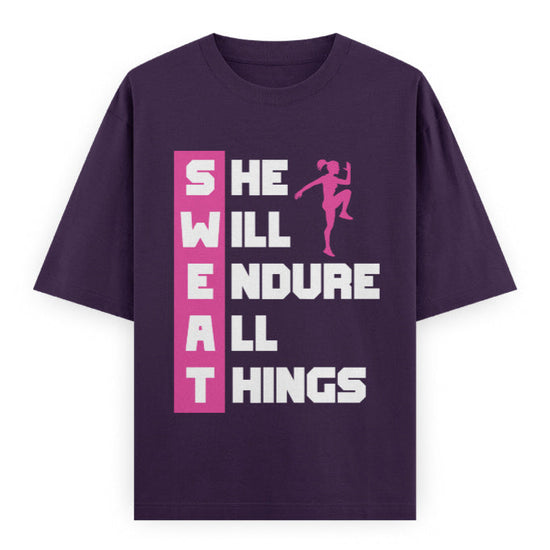 SWEAT She Will Endure All Things Graphic Unisex T-Shirt – Oversized 100% Cotton Classic Tee in Purple