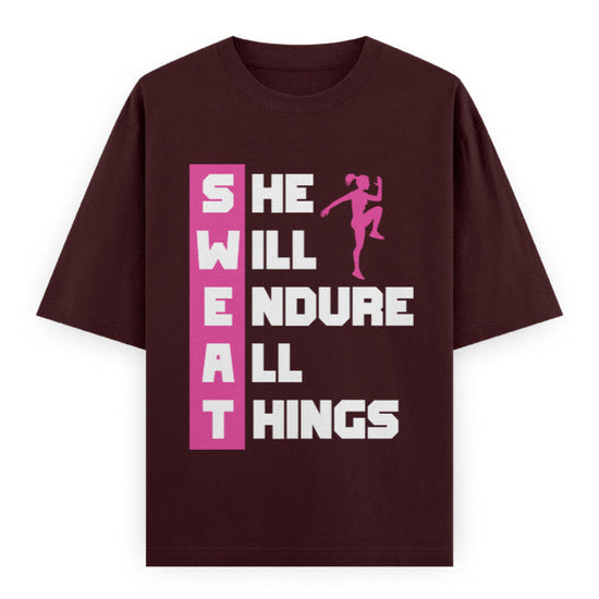 SWEAT She Will Endure All Things Graphic Unisex T-Shirt – Oversized 100% Cotton Tee in Maroon