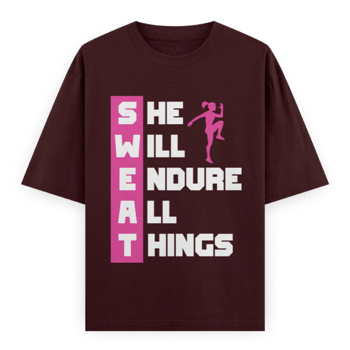 SWEAT She Will Endure All Things Graphic Unisex T-Shirt – Oversized 100% Cotton Tee in Maroon
