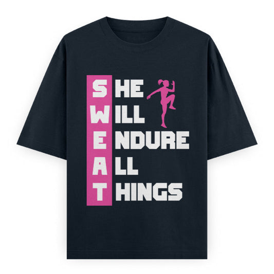 SWEAT She Will Endure All Things Graphic Unisex T-Shirt – Oversized 100% Cotton  Tee in Navy Blue