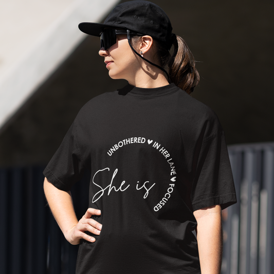 She Is Unbothered and Focused Graphic Unisex Tee | Oversized 100% Cotton Classic T-Shirt in Black