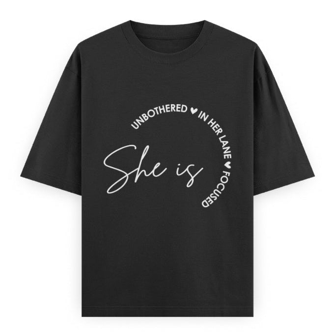 She Is Unbothered and Focused Graphic Unisex Tee | Oversized 100% Cotton Classic T-Shirt in Black